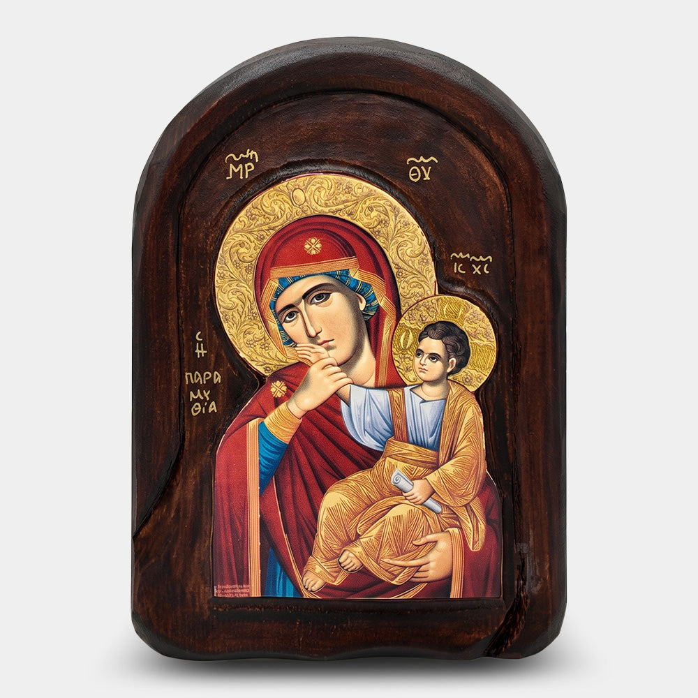 Icoană bizantină sculptată Maica Domnului Paramythia — 18×28 cm