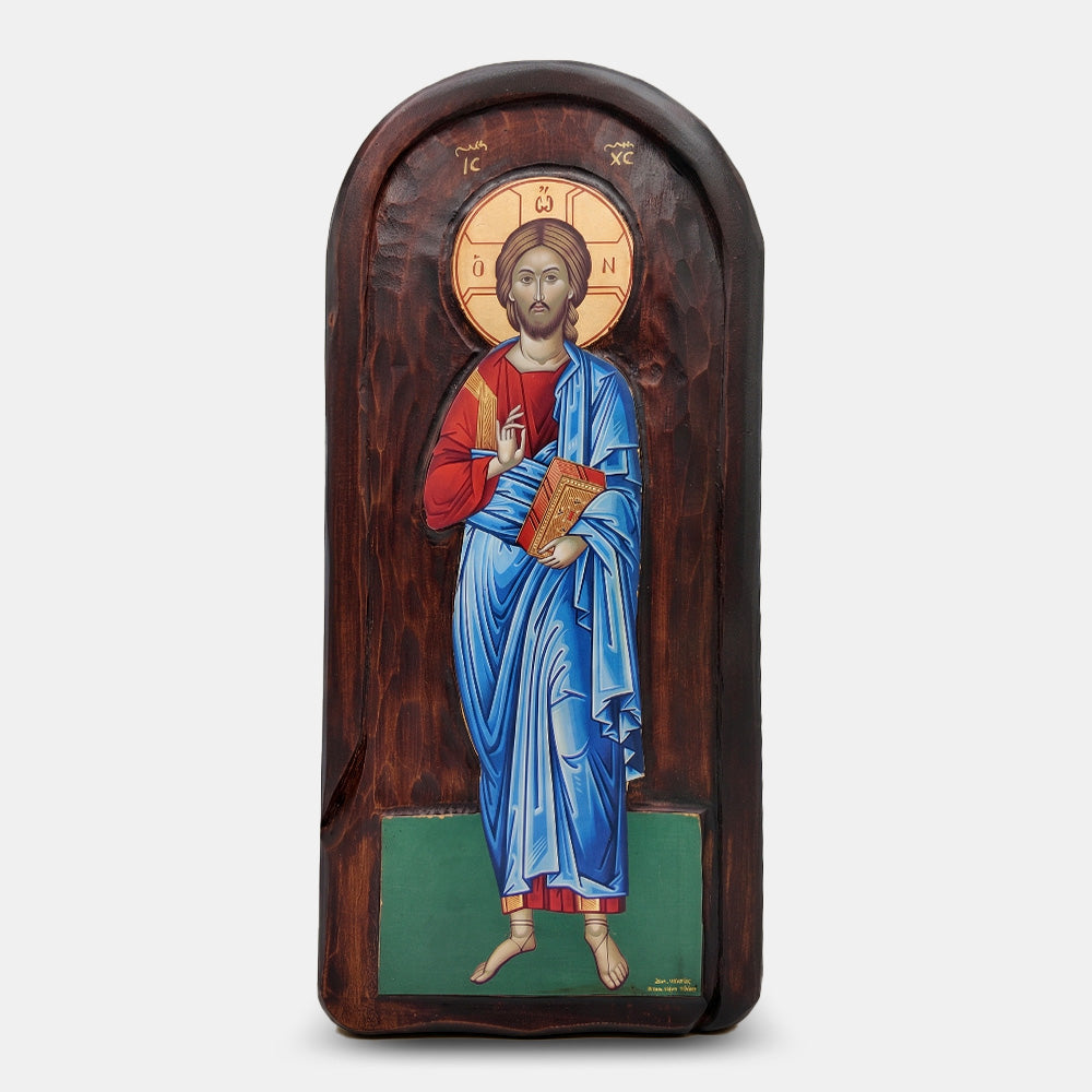 Icoană bizantină sculptată Hristos Binecuvântând — lemn masiv, 20×45 cm