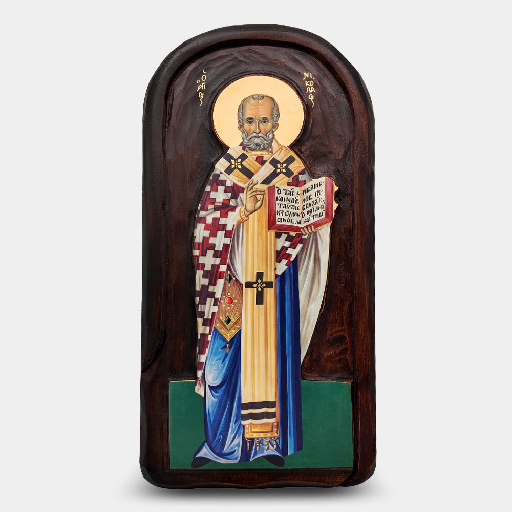 Icoană bizantină sculptată Sfântul Nicolae — lemn masiv, 20×45 cm