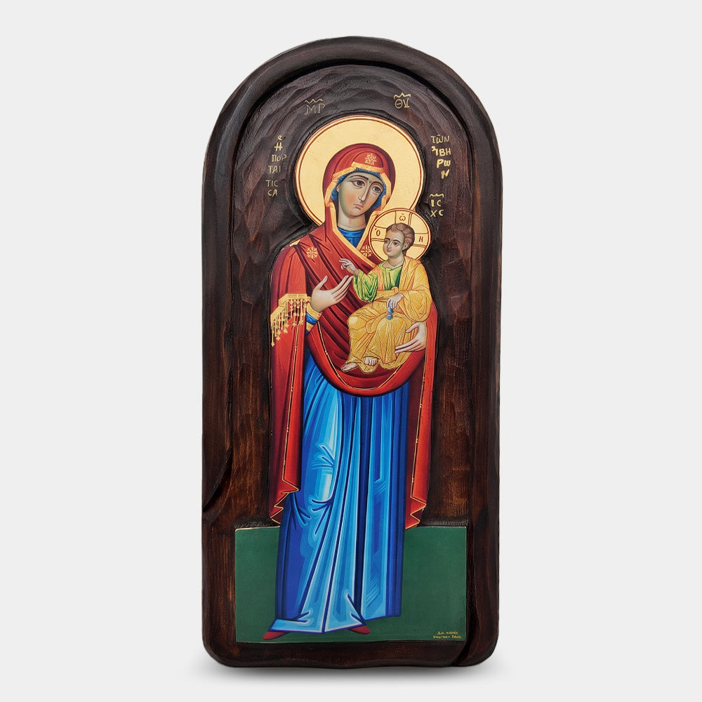 Icoană bizantină sculptată Maica Domnului Portărița de la Iviron — 20×45 cm
