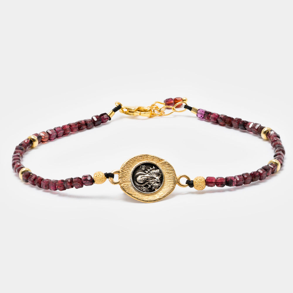 Bracelet with Garnet Stones and Our Lady with Seven Arrows Medallion - Byzantine Craftsmanship