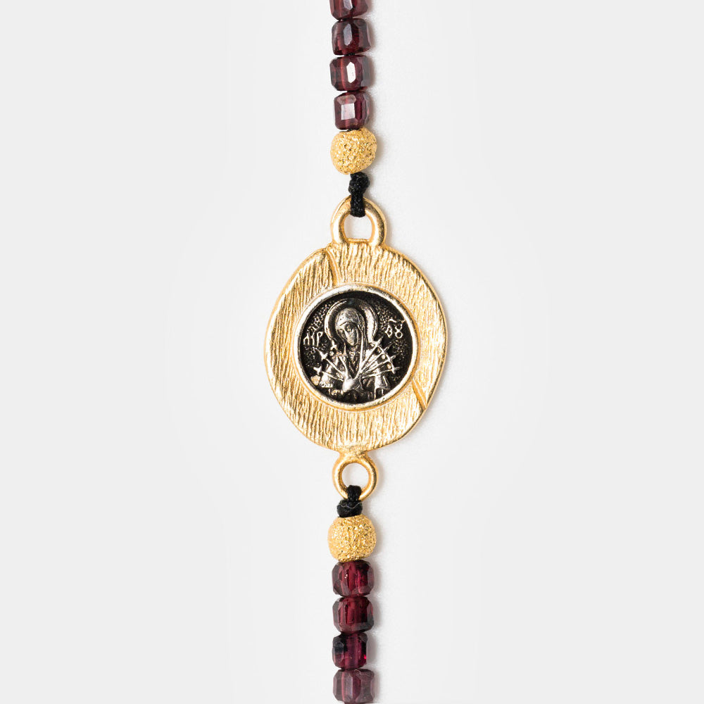 Bracelet with Garnet Stones and Our Lady with Seven Arrows Medallion - Byzantine Craftsmanship