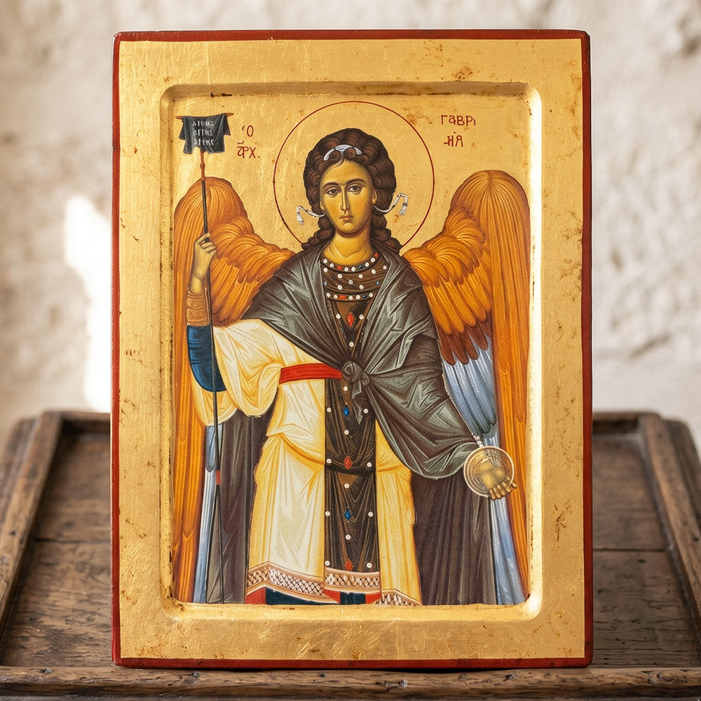 Icoană Bizantină Sfântul Arhanghel Gavriil – Lemn Masiv, Foiță de Aur (24 x 31 cm)