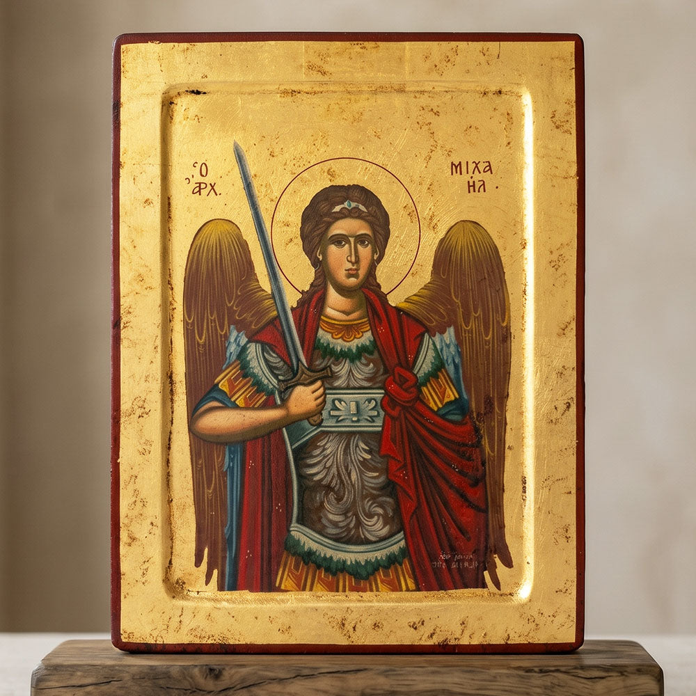 Icoană Bizantină Sfântul Arhanghel Mihail – Lemn Masiv, Foiță de Aur (24 x 31 cm)