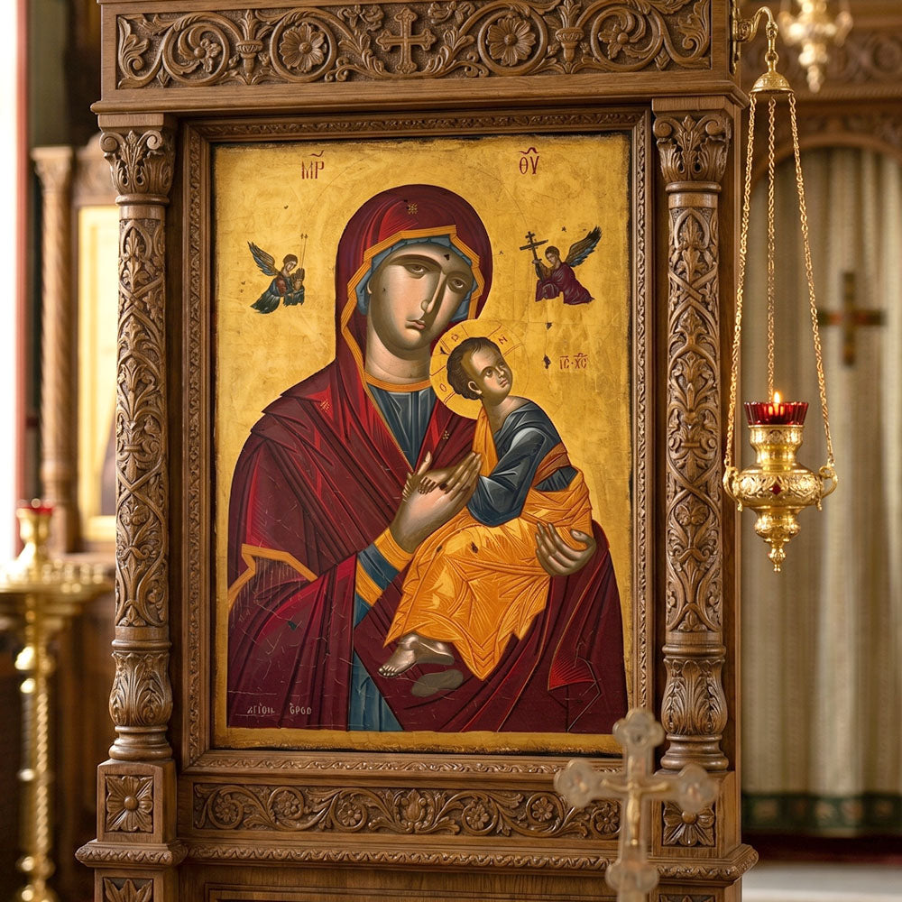 Icoană Bizantină Pictata Maica Domnului Amolyntos (Pătimitoarea) (100 x 70 cm)