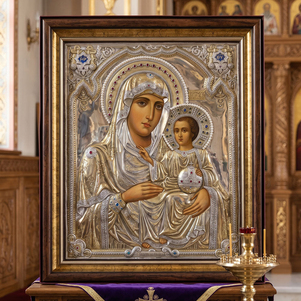 Icoană Maica Domnului Ierusalimitissa (53 x 29 cm) Ferecătură din Argint și Ramă din Lemn