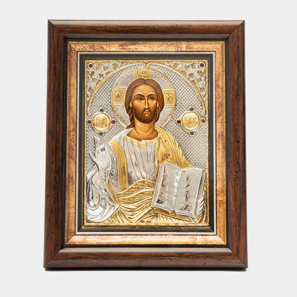 Icoana Hristos Pantocrator – ferecătură aurită, 20 x 24,5 cm, cu ramă – YPOMONI