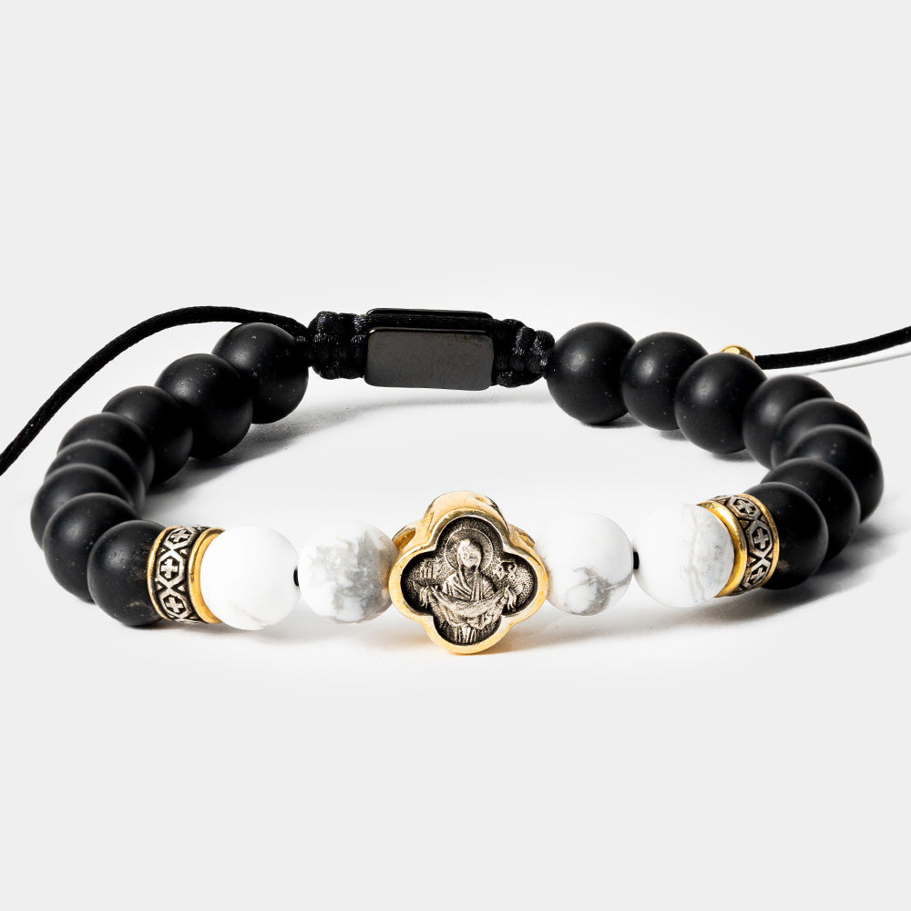 Brățară Acoperământul Maicii Domnului „Vlaherne” – Howlit și Onix – Mângâierea cea Albă