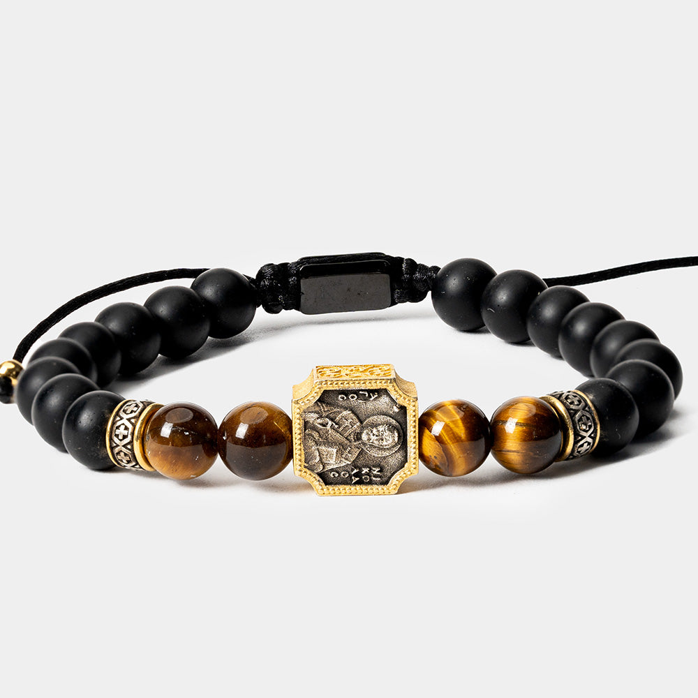 Brățară Sfântul Nicolae „Stavronichita” – Ochi de Tigru Galben și Onix Mat – Păzitorul Credinței