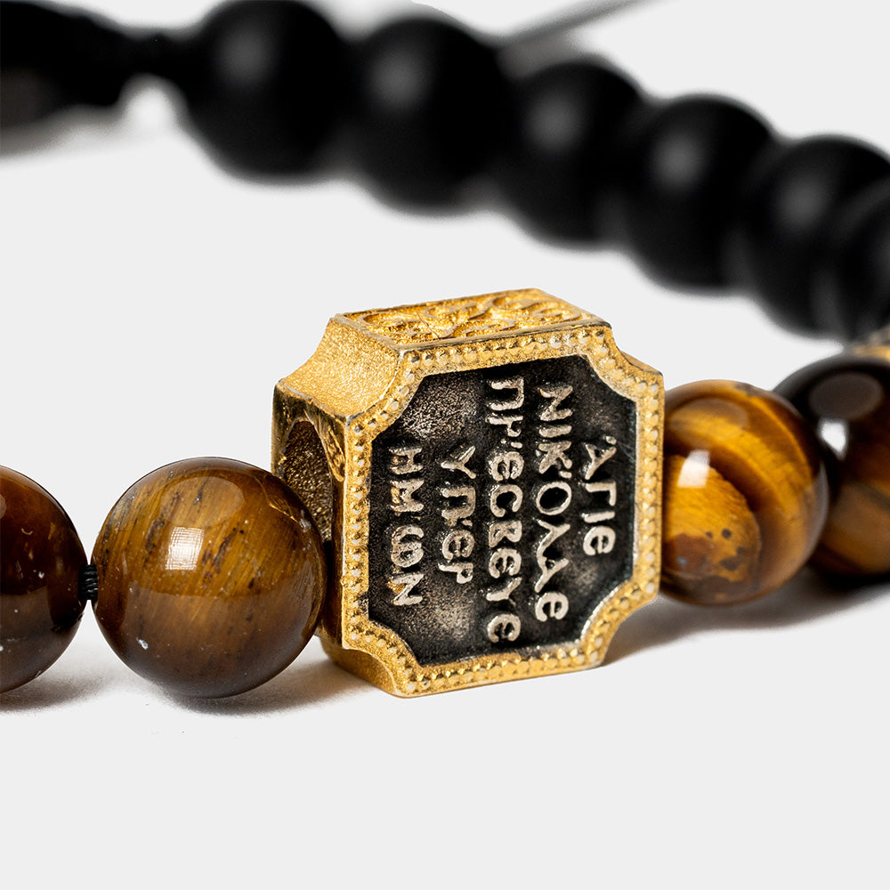Brățară Sfântul Nicolae „Stavronichita” – Ochi de Tigru Galben și Onix Mat – Păzitorul Credinței