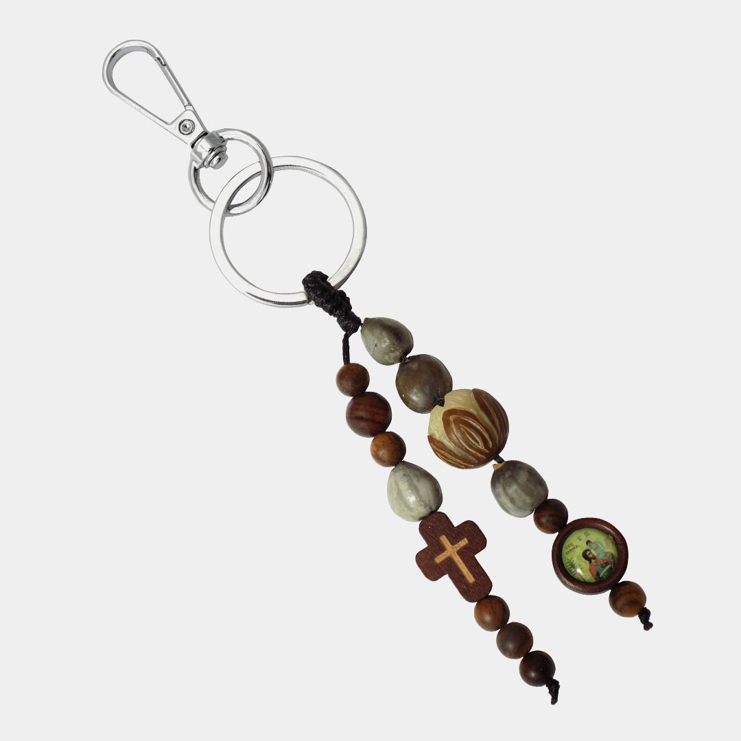 Breloc cu Sfântul Hristofor și Cruce din Lemn – Element Floral Natural – YPOMONI