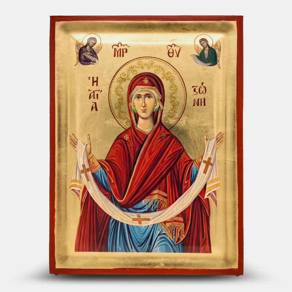 Icoană bizantină Maica Domnului cu Cinstitul Brâu — foiță de aur