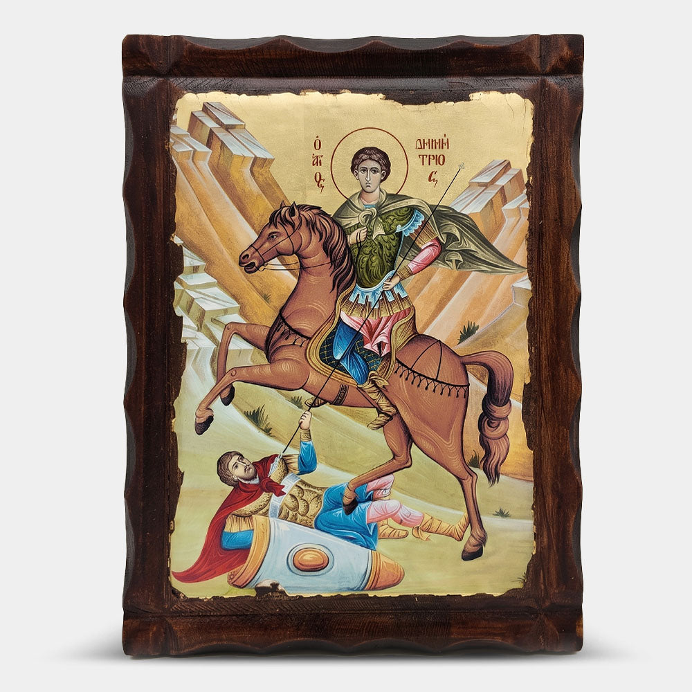 Icoană bizantină patinată Sfântul Dimitrie călare — 22×29,5 cm
