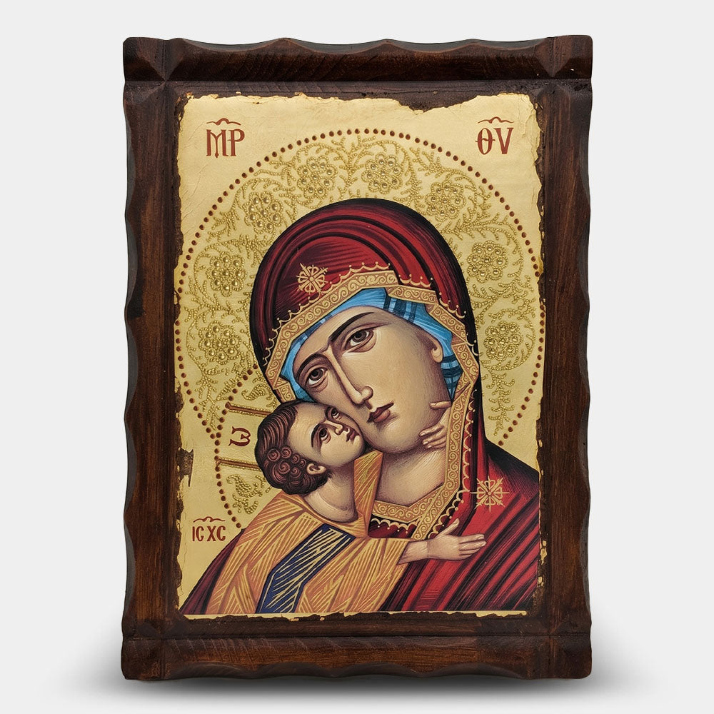 Icoană bizantină patinată Maica Domnului Dulcea Sărutare — 22×29,5 cm