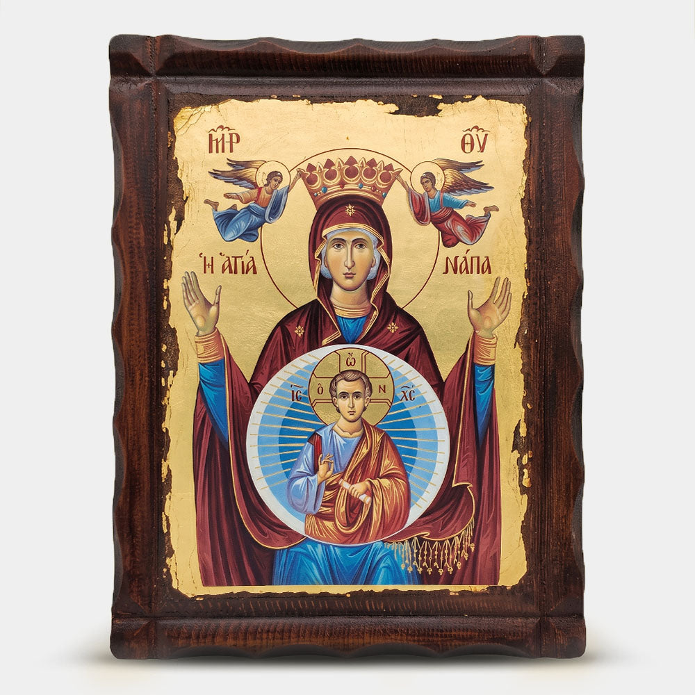 Icoană bizantină patinată Maica Domnului Agia Napa — 22×29,5 cm