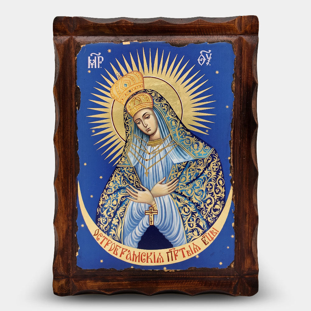 Icoană bizantină patinată Maica Domnului de la Poarta Zorilor — 22×29,5 cm