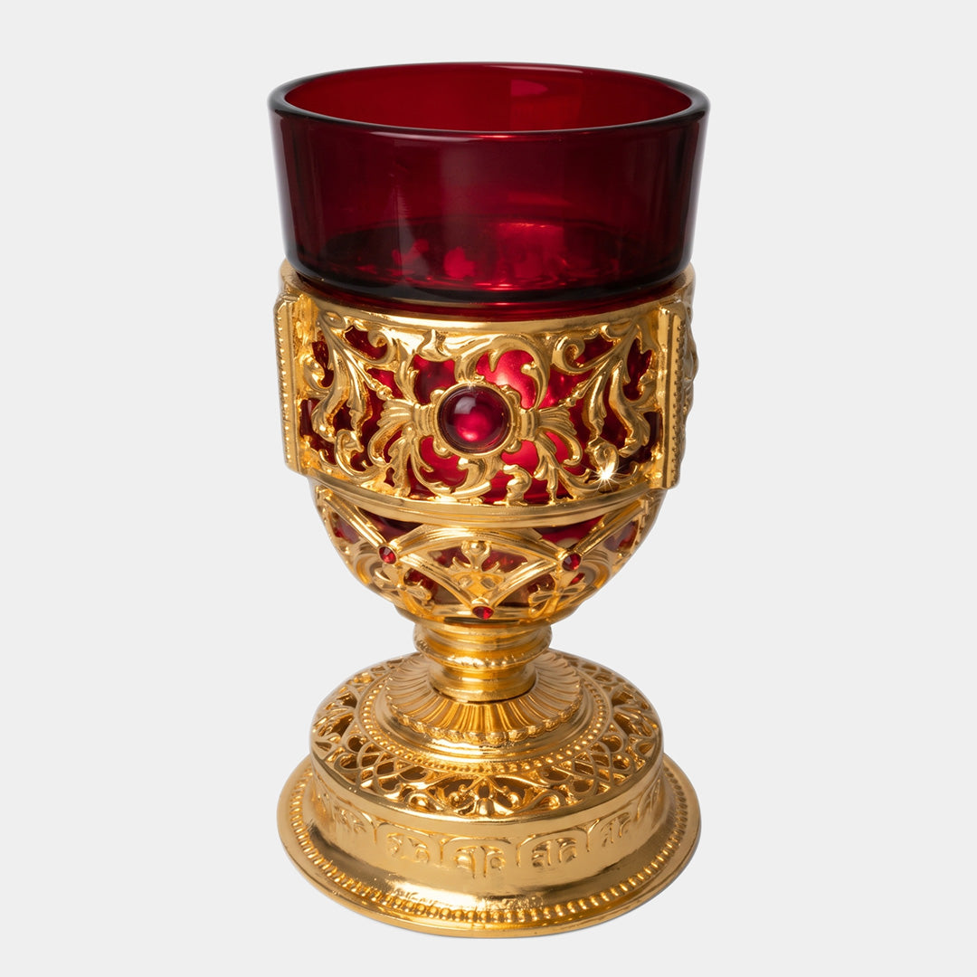 Candelă aurie cu pahar din sticlă roșie – 13 cm