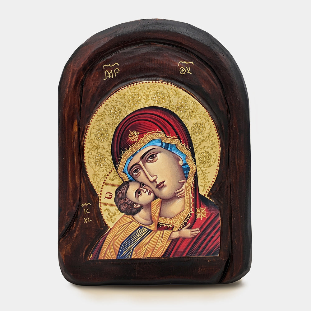 Icoană bizantină sculptată Maica Domnului Dulcea Sărutare — 18×28 cm