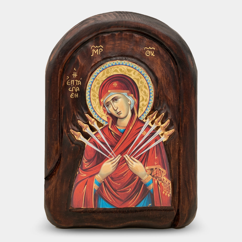 Icoană bizantină sculptată Maica Domnului cu Șapte Săgeți — 18×28 cm