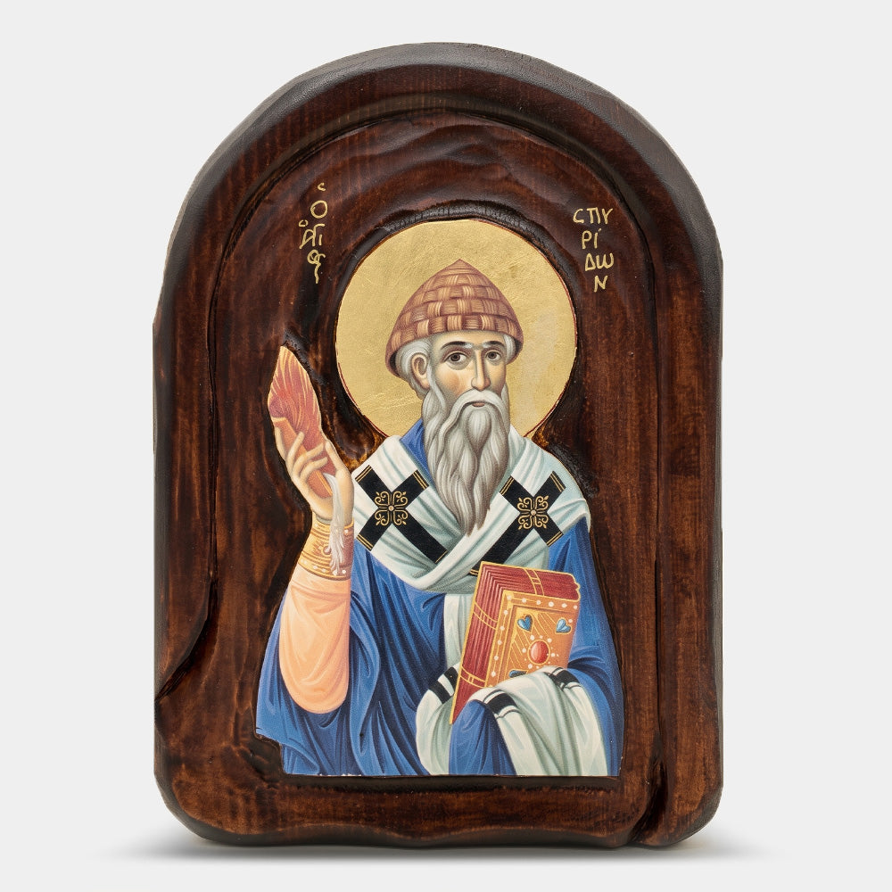 Icoană bizantină sculptată Sfântul Spiridon — 18×28 cm