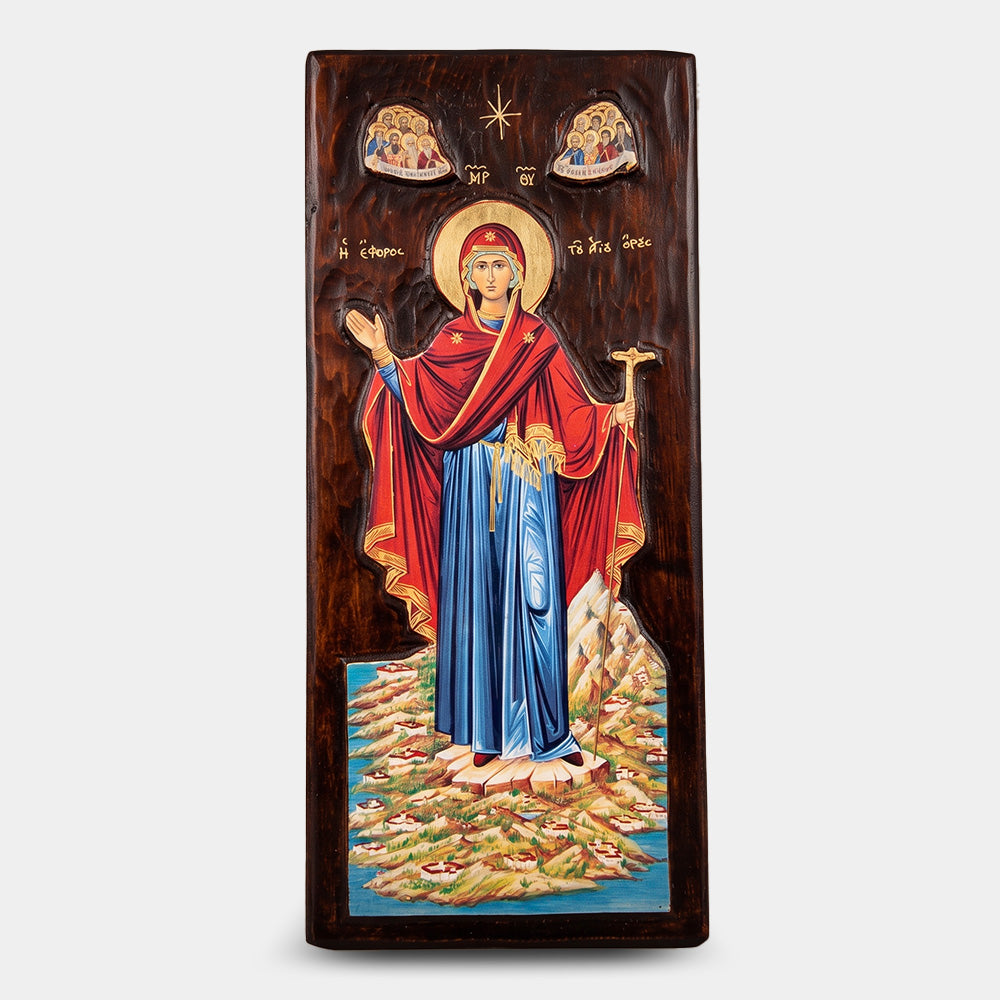 Icoană bizantină sculptată Maica Domnului, Ocrotitoarea Sfântului Munte — 20×45 cm