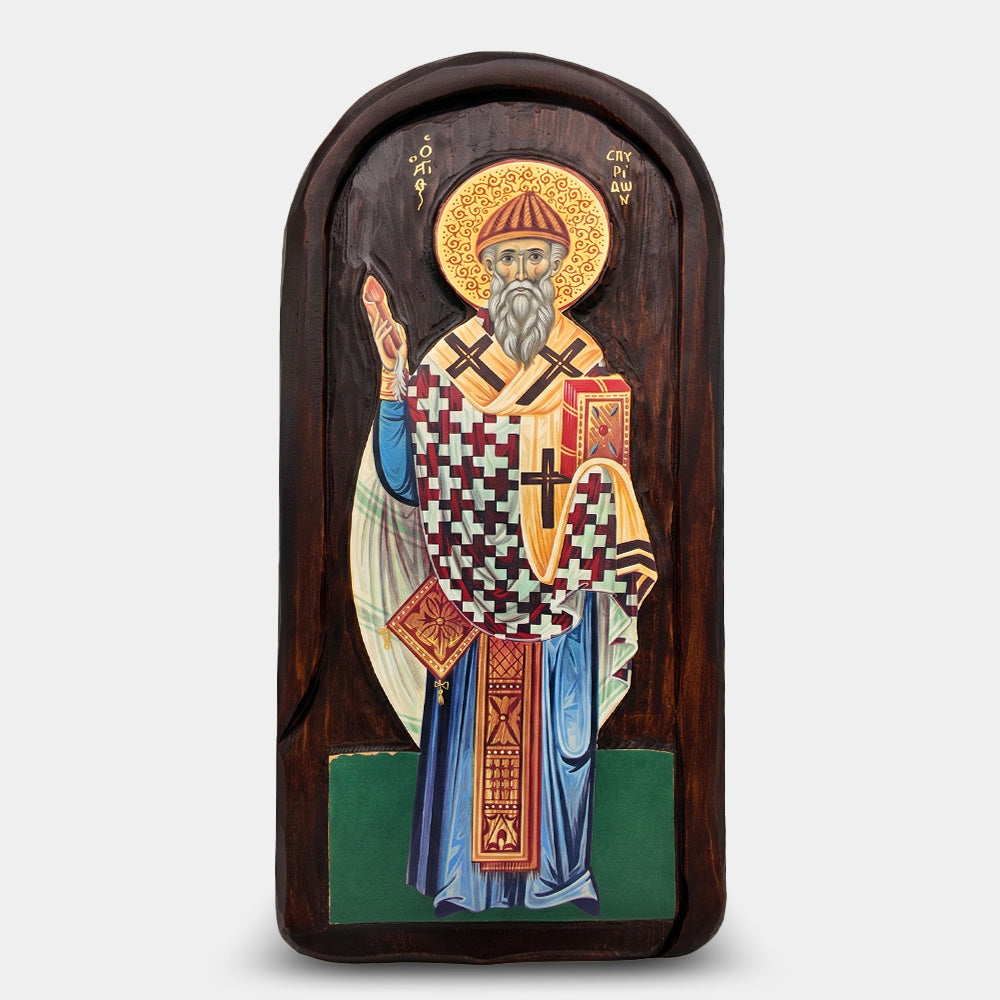Icoană bizantină sculptată Sfântul Spiridon — lemn masiv, 20×45 cm