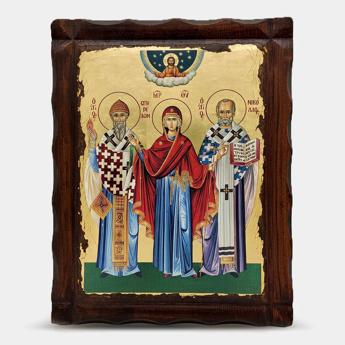 Icoană Bizantină Maica Domnului cu Sfântul Spiridon și Sfântul Nicolae – 22 x 29,5 cm