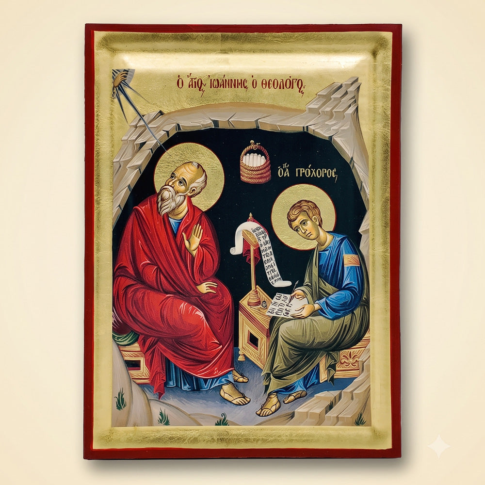 Icoană bizantină Sfântul Ioan Teologul în peștera din Patmos 