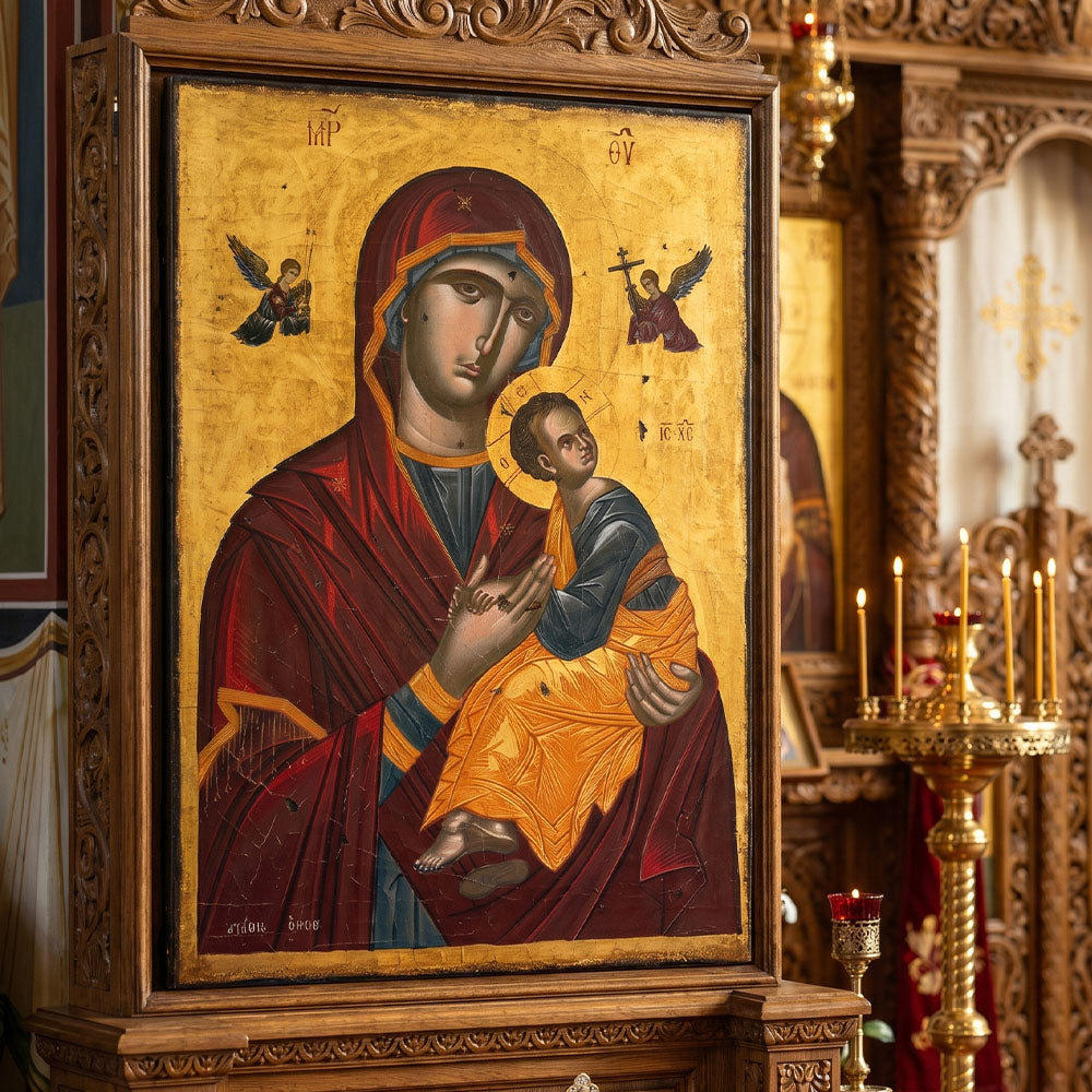Icoană Bizantină Pictata Maica Domnului Amolyntos (Pătimitoarea) (100 x 70 cm)