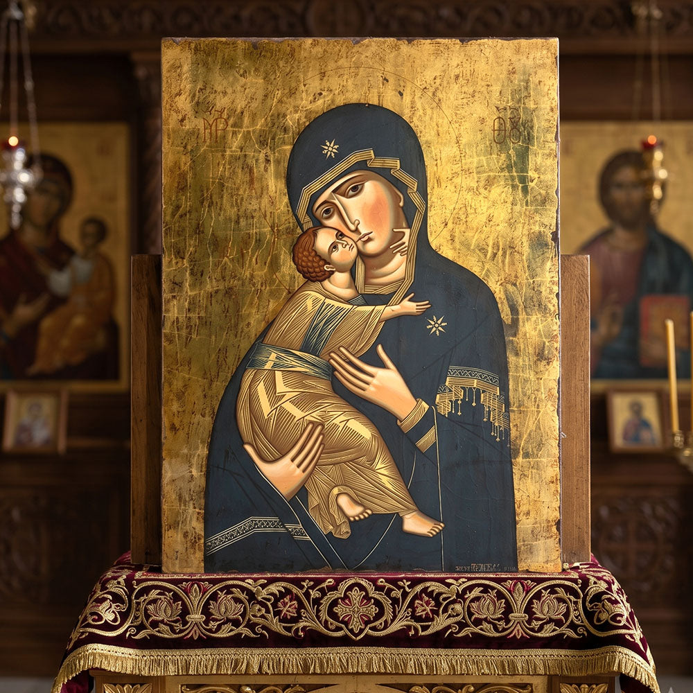Icoană Bizantină Pictata Maica Domnului Glykophilousa (Dulcea Sărutare) (80 x 57 cm)