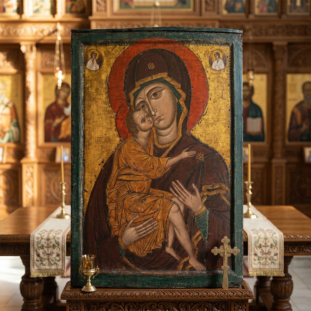 Icoană Bizantină Pictata Maica Domnului Glykophilousa (Dulcea Sărutare) (135 x 89 cm)