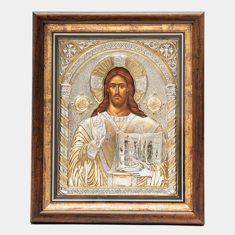 Icoana Hristos Pantocrator – ferecătură aurită, 26,5 x 32,5 cm, cu ramă