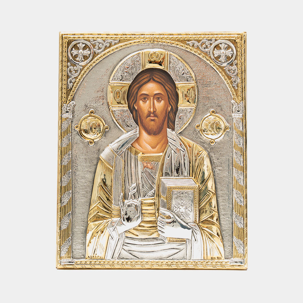 Icoana Hristos Pantocrator „Lumina Lumii” – ferecătură aurită, 18,5 x 23 cm, fără ramă