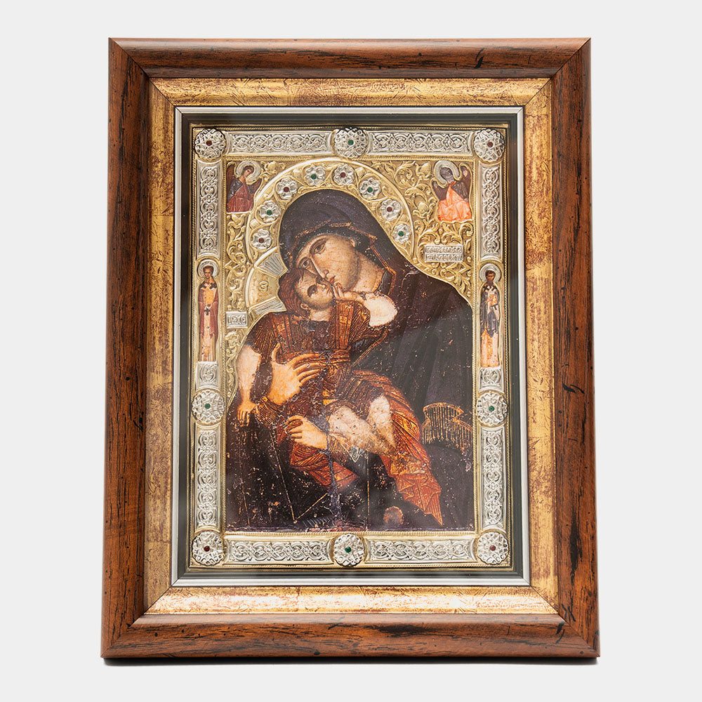 Icoana Maicii Domnului „Dulcea sărutare” de la Filotheu – ferecătură aurită, 23x29 cm, cu ramă