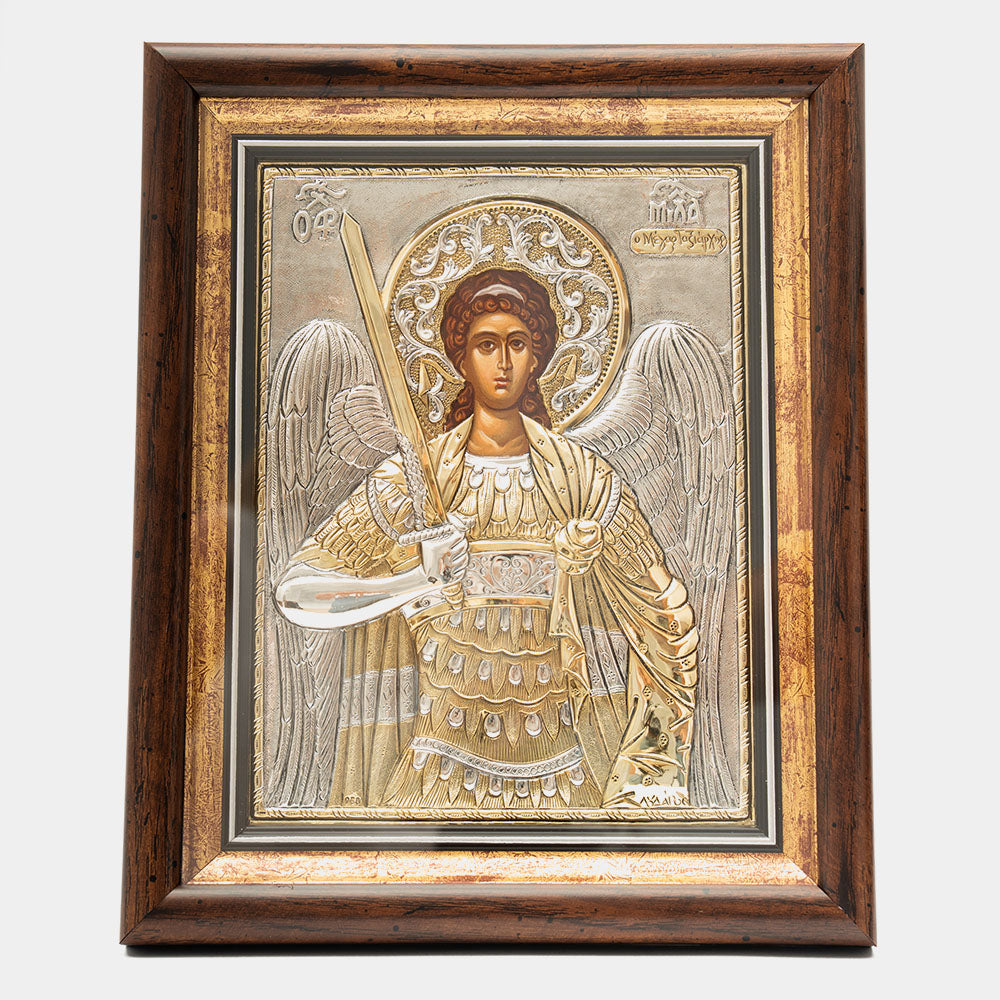 Icoana Sfântului Arhanghel Mihail cu Sabia – ferecătură aurită, 24,5 x 30 cm, cu ramă