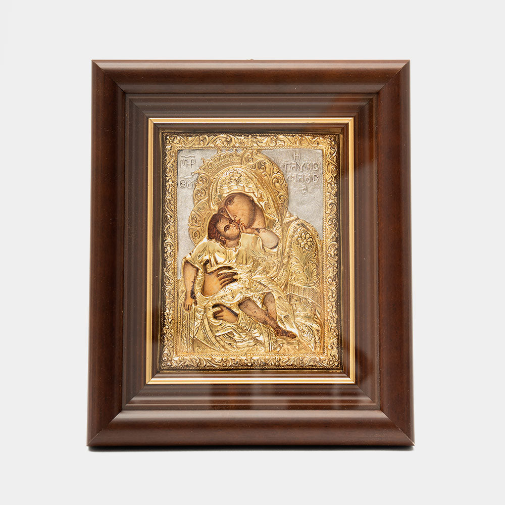 Icoana Maicii Domnului „Dulcea sărutare” de la Filotheu – ferecătură aurită, 19,5 x 23 cm, cu ramă