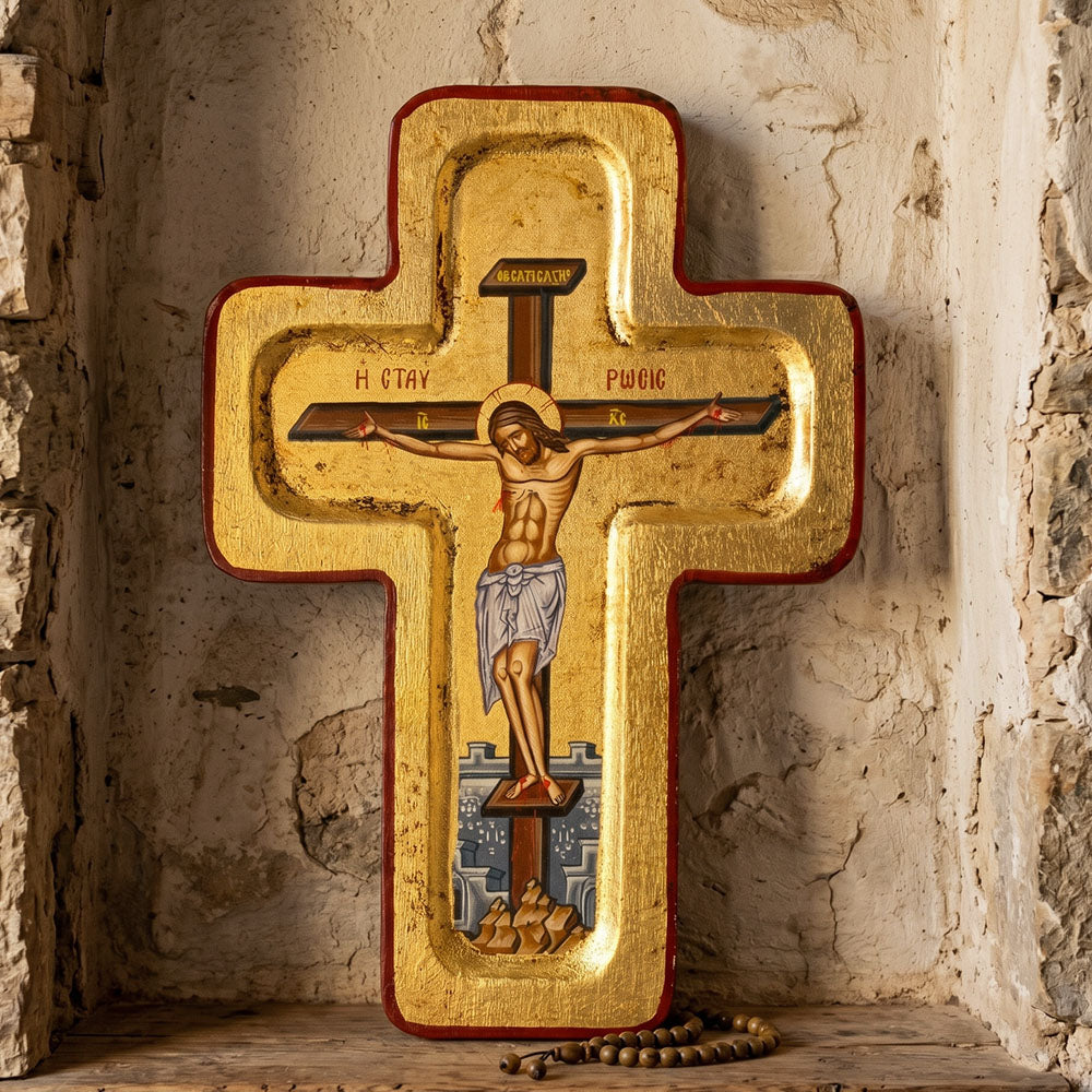 Icoană Bizantină Răstignirea Domnului – Lemn Masiv, Foiță de Aur, Athos (12 x 17 cm)