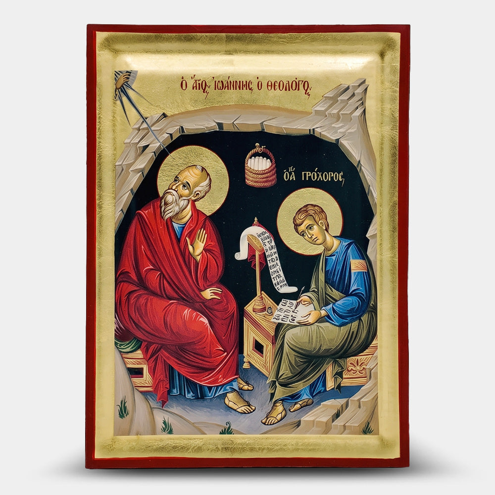 Icoană bizantină Sfântul Ioan Teologul în peștera din Patmos — foiță de aur