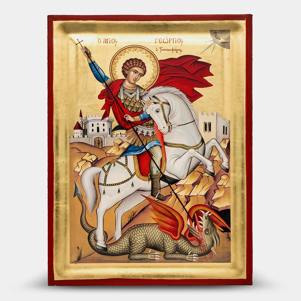 Icoană bizantină Sfântul Gheorghe, Purtătorul de Biruință — foiță de aur