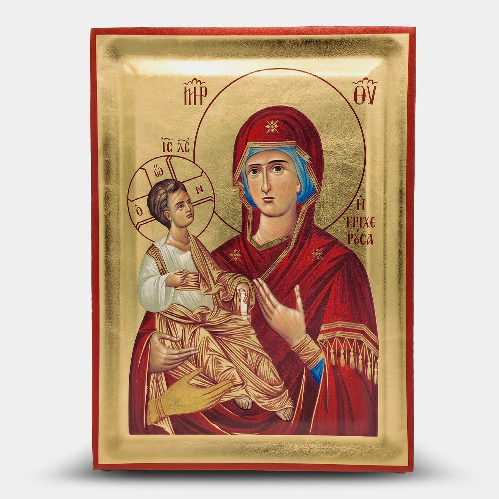 Icoană bizantină Maica Domnului Tricherusa — foiță de aur