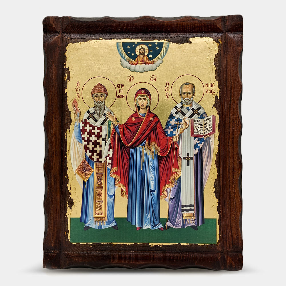 Icoană bizantină patinată Sfinții Spiridon și Nicolae cu Maica Domnului — 22×29,5 cm
