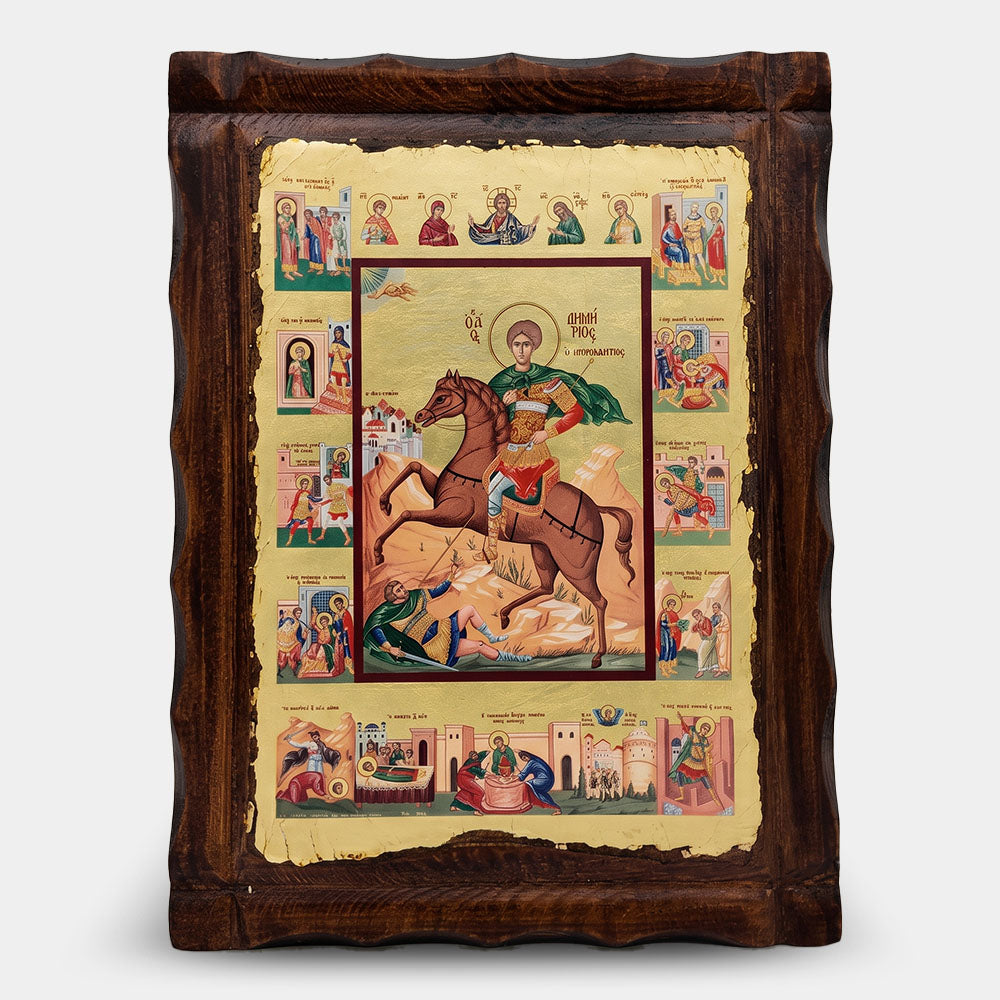 Icoană bizantină patinată Sfântul Dimitrie cu scene din viață — 22×29,5 cm