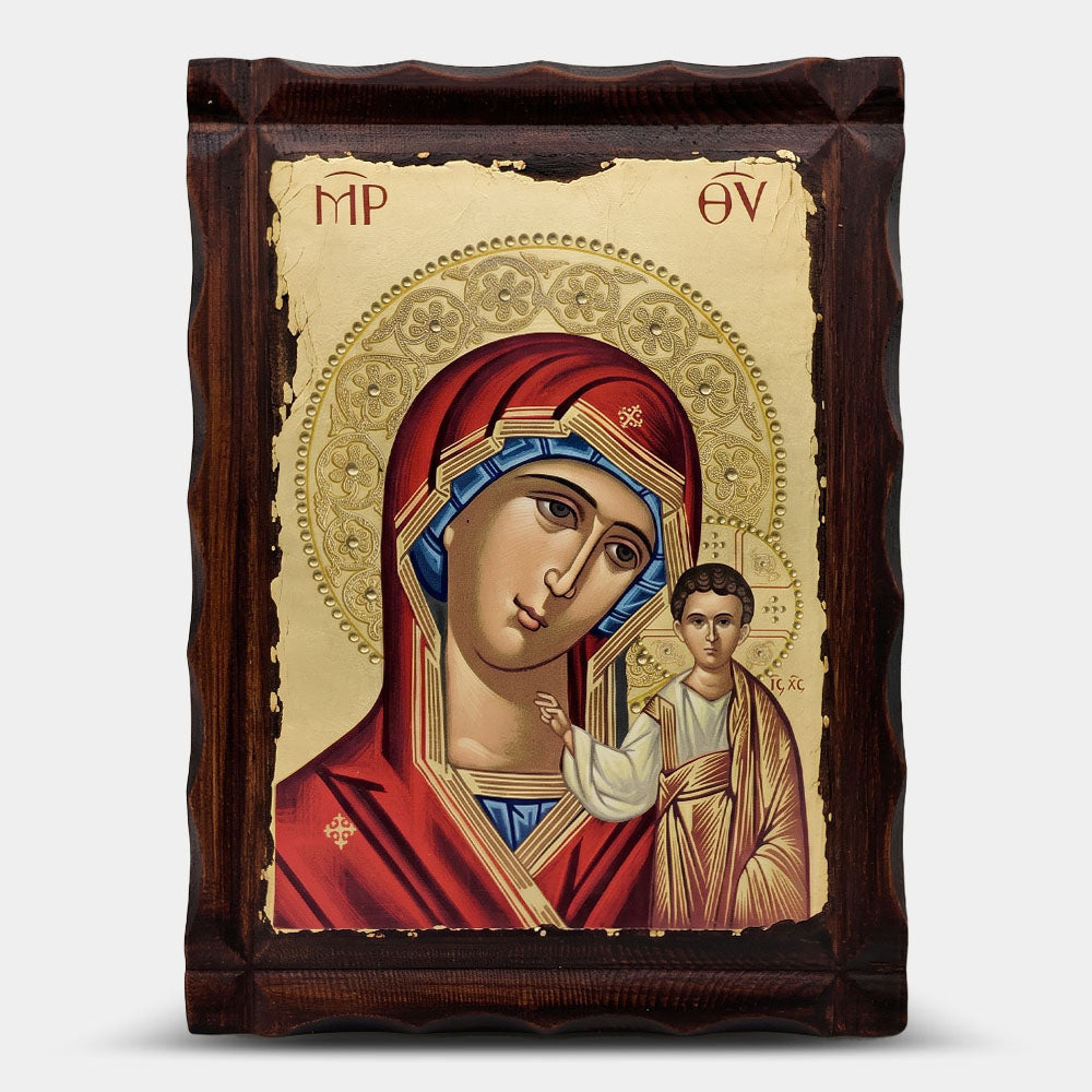 Icoană bizantină patinată Maica Domnului cu Pruncul — 22×29,5 cm