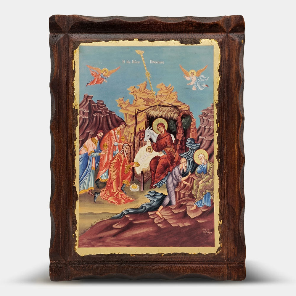 Icoană bizantină patinată Nașterea Domnului — Închinarea Magilor, 22×29,5 cm