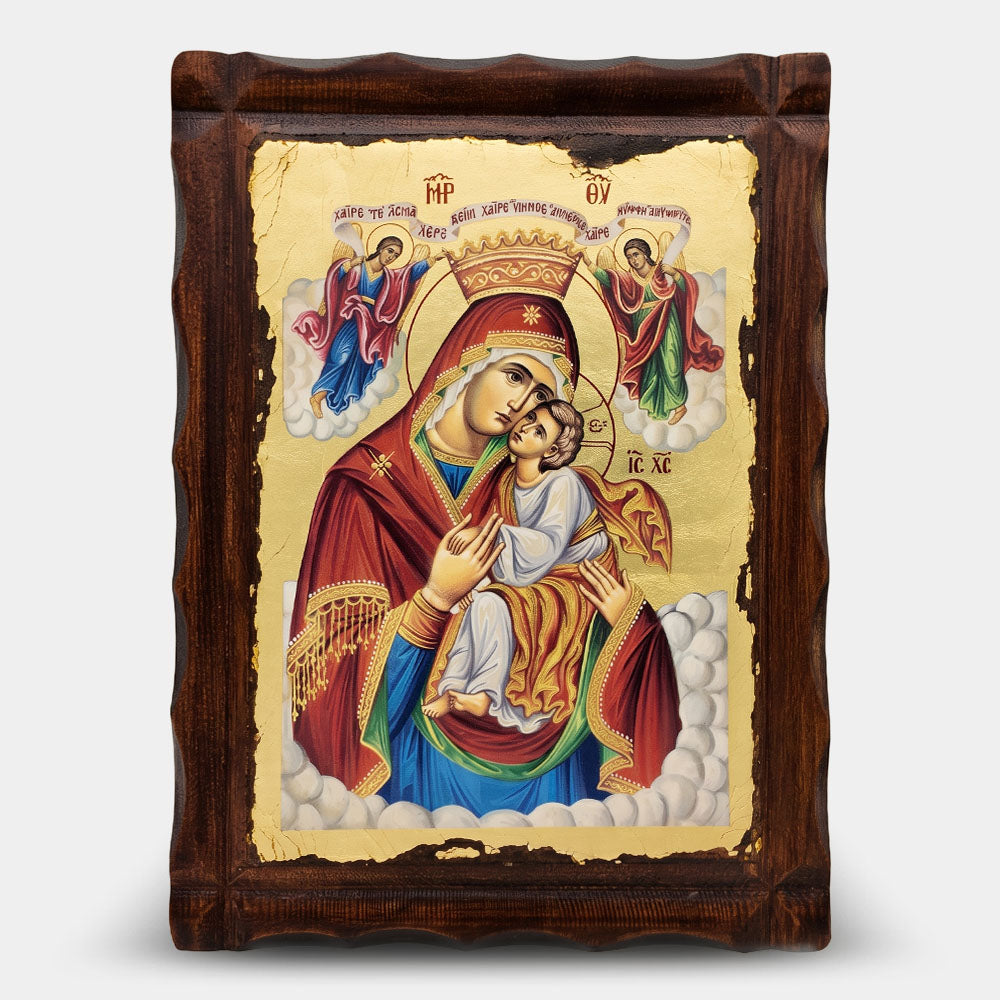 Icoană bizantină patinată Maica Domnului „Bucură-te, Mireasă Nenuntită” — 22×29,5 cm