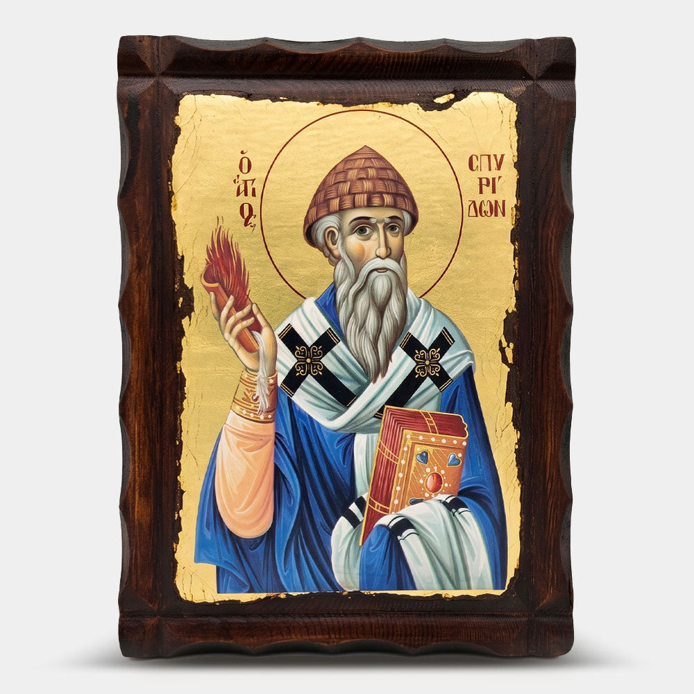 Icoană bizantină patinată Sfântul Spiridon — 22×29,5 cm