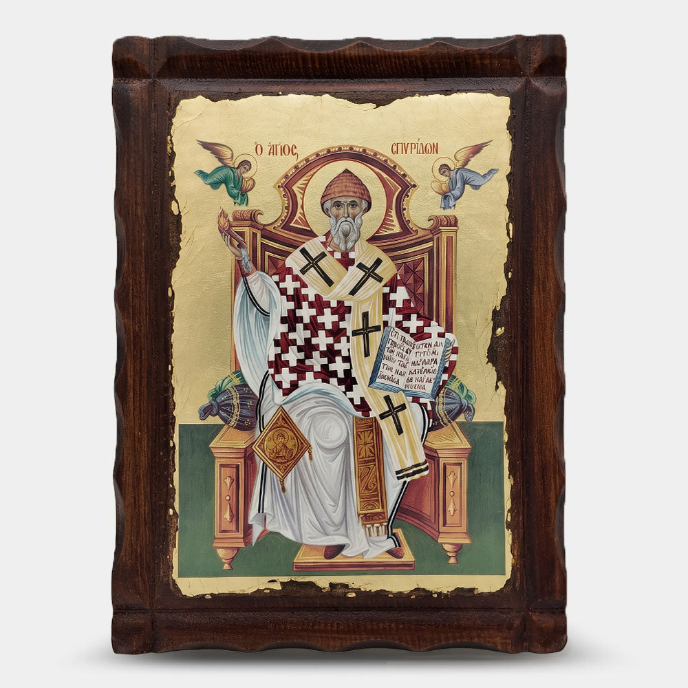 Icoană bizantină patinată Sfântul Spiridon pe tron — 22×29,5 cm